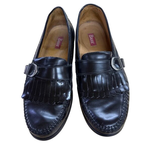 Bass Loafers Mens 12M Black Leather Buckle Strap, Kiltie Casual Slip On Shoes - Picture 2 of 5
